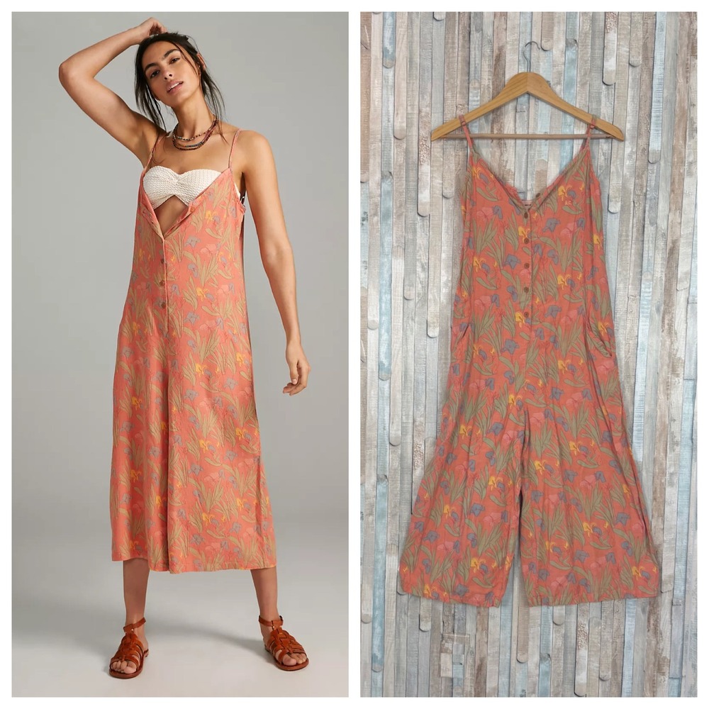 Anthropologie XS Bobo Choses Floral Jumpsuit Coral Linen Blend Wide Leg Overalls